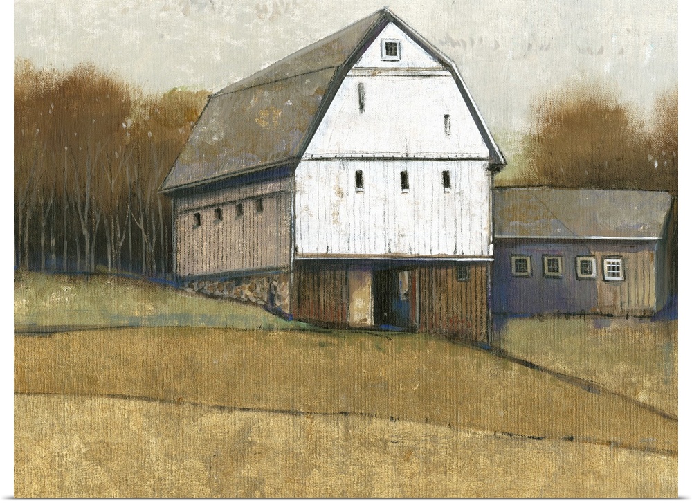 A painting of a simple countryside farmhouse in muted colors with vertical lined texture throughout is in this contemporar...