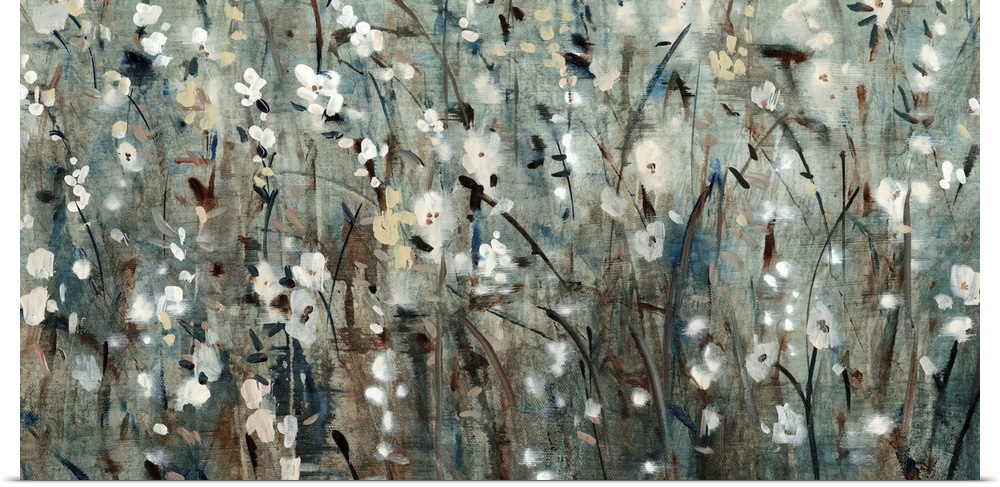 Contemporary painting of several flowers in a field, in blue and grey tones.