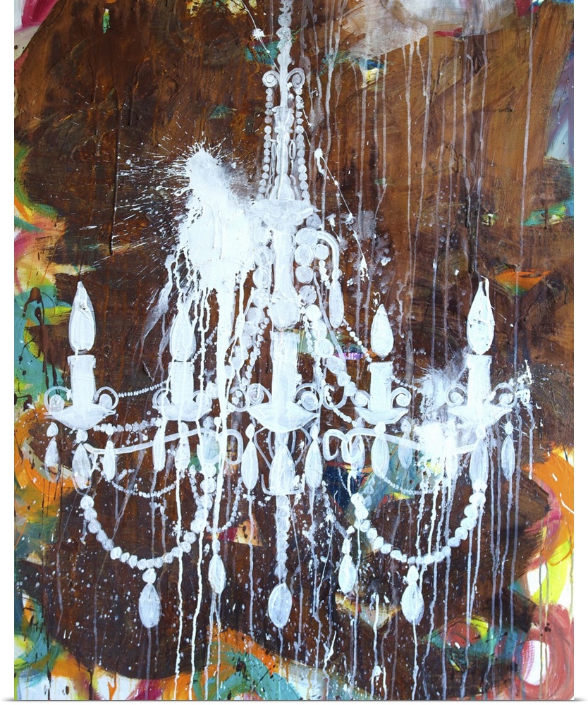 Contemporary artwork of the form of an elegant chandelier stenciled onto a colorful abstract.