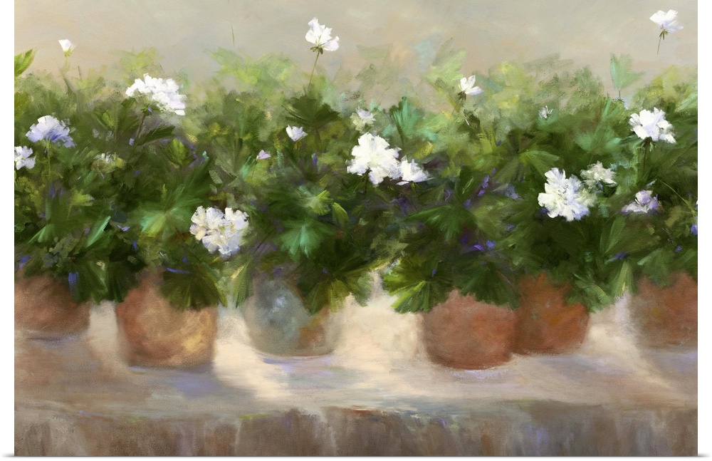 Contemporary painting of a row of clay pots filled with geraniums.