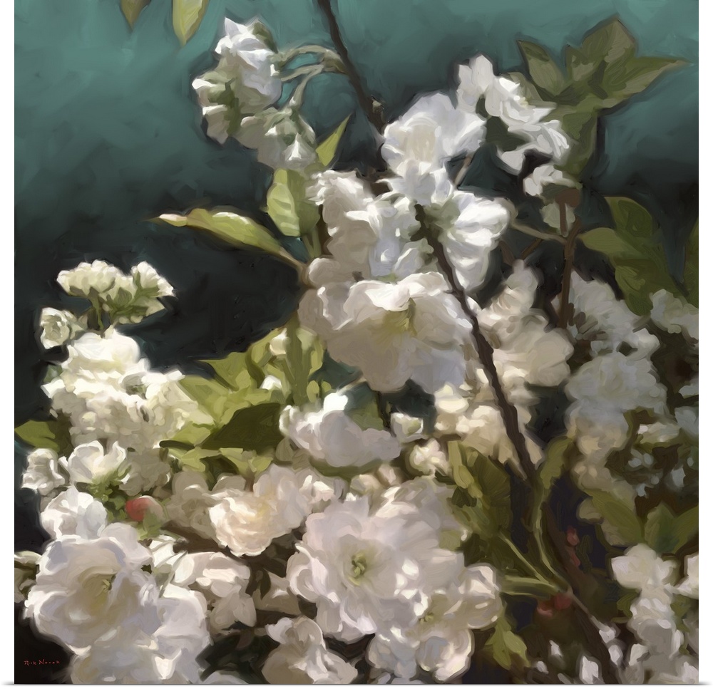 Contemporary painting of white roses.