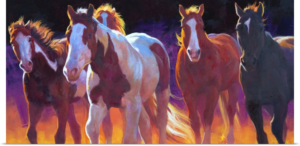 Contemporary painting of wild horses running with a dark purple and orange background.