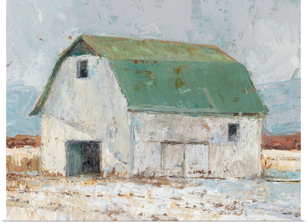 Art print of an old white barn with a green roof in the countryside.