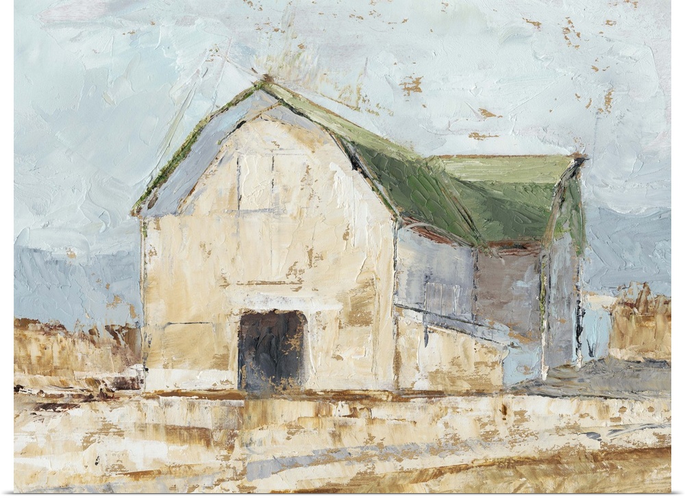 Contemporary painting of a white barn with a green roof in the countryside.