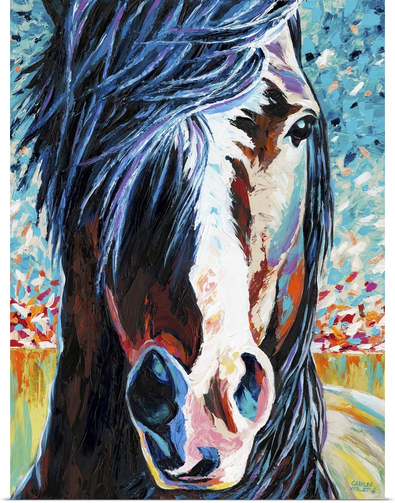 Contemporary portrait of a wild horse with a white blaze on its face.