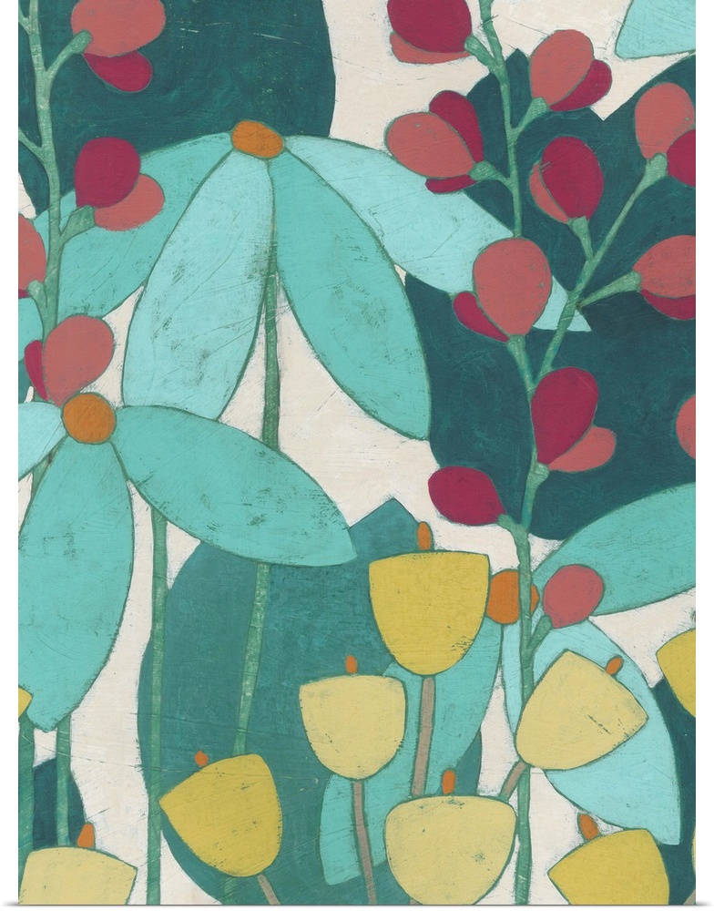 Contemporary painting of flower in teal and turquoise with small pale yellow flowers.