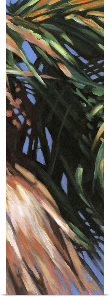 Contemporary colorful painting of a tropical palm frond.