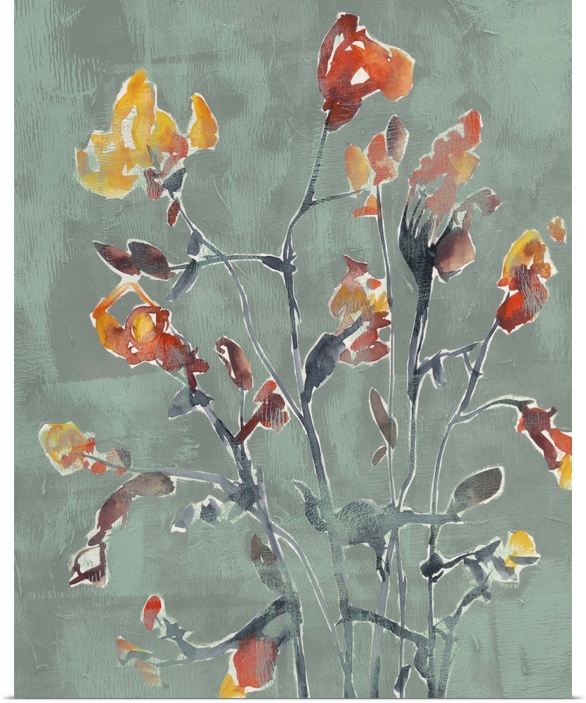 Watercolor painting of warm toned flowers against a dark muted blue background.