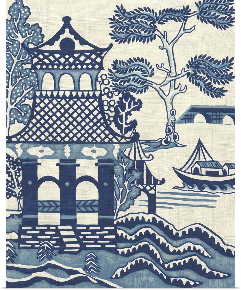 Asian-style painting of a temple by the ocean.