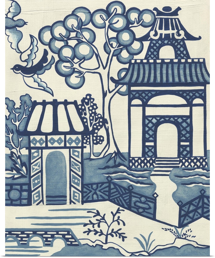 Asian-style painting of two temples and a tree.