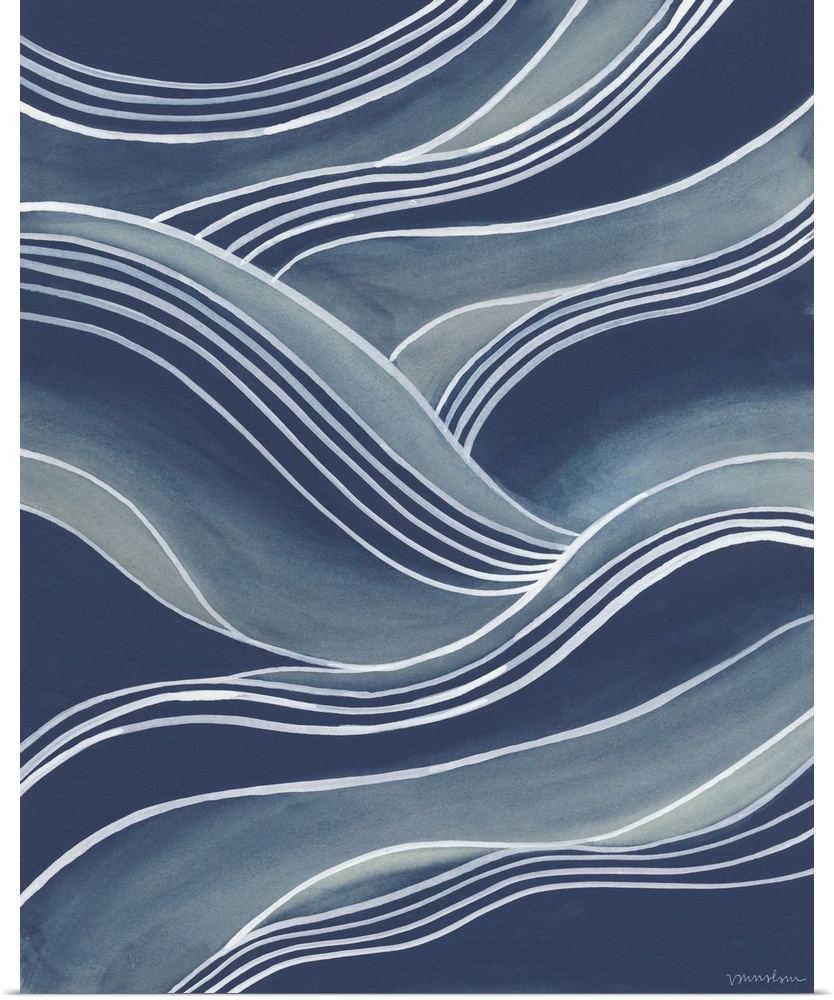 Wavy white lines over shades of blue create the illusion of rolling waves.