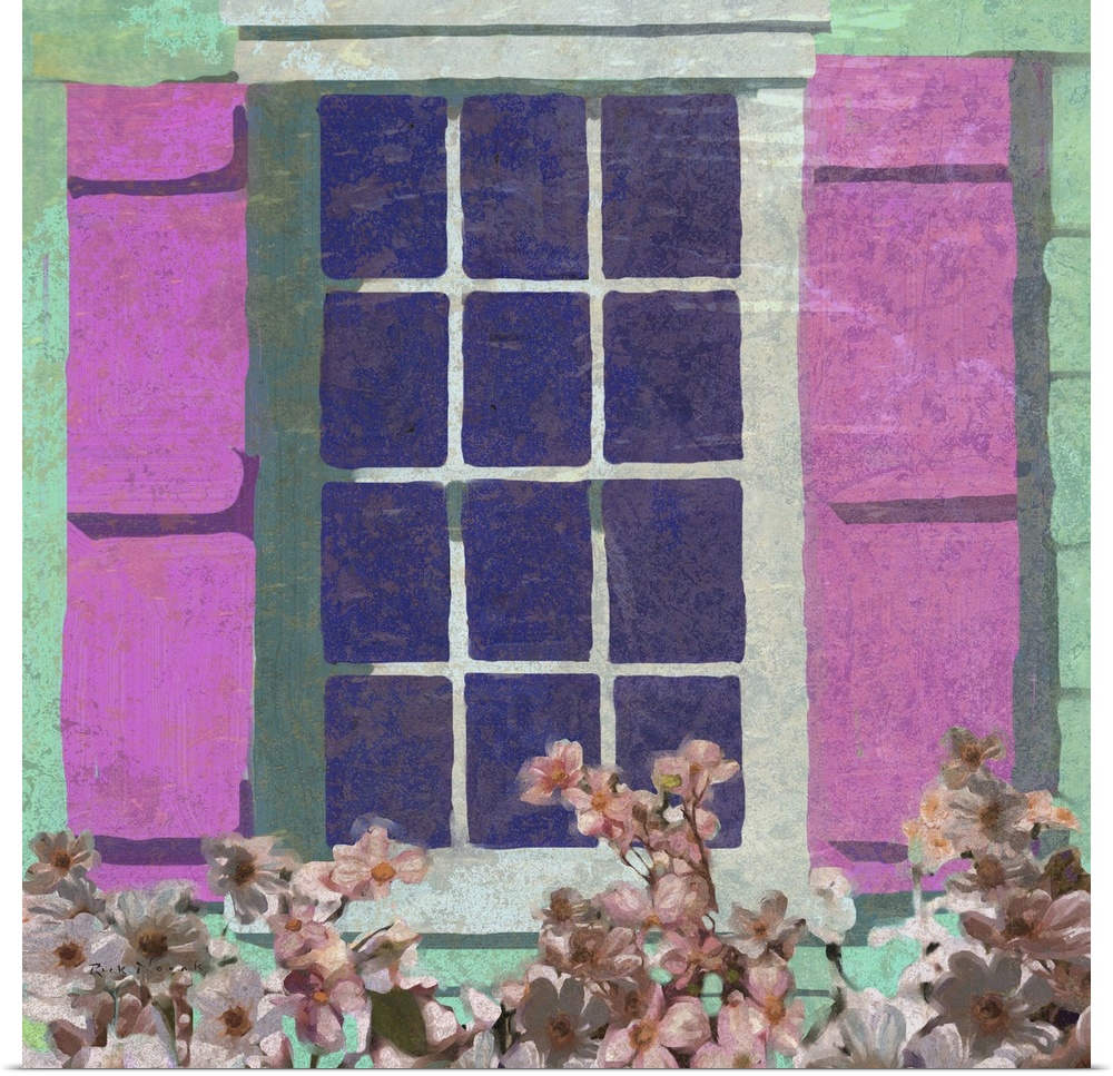 Colorful painting of a window on a green wall with pink shutters.