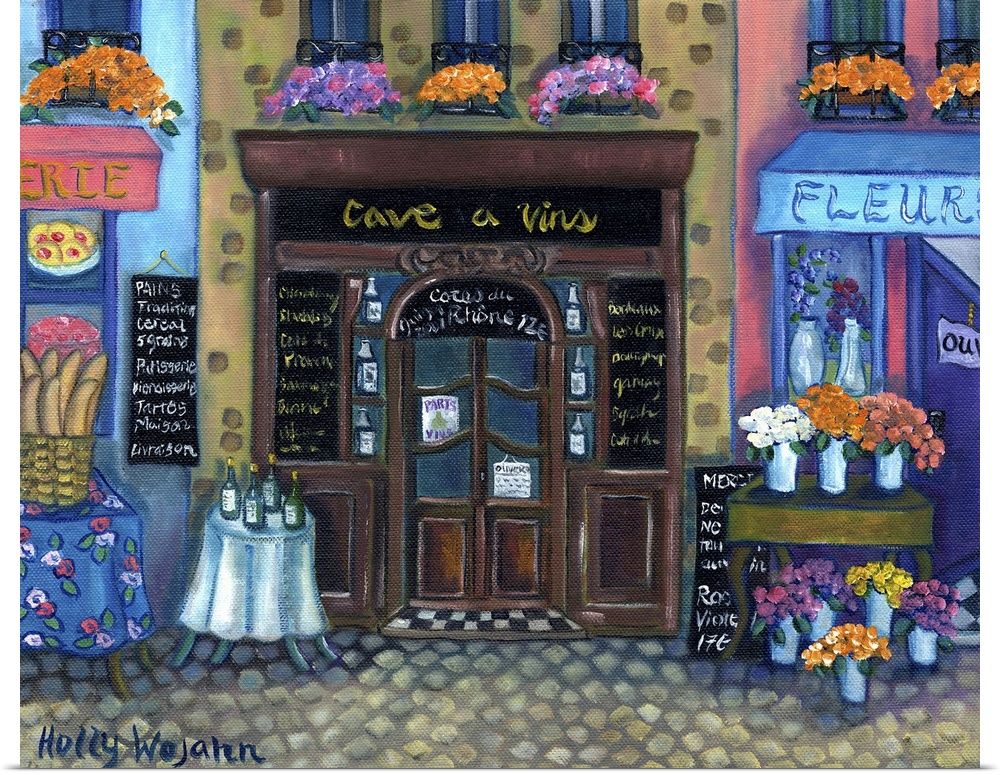 Whimsical painting of a French marketplace next to a flower shop, with wine on the table.