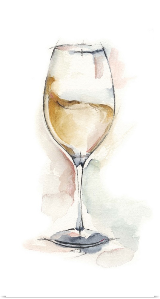 Vertical artwork featuring sketched wine glasses with watercolor accents.