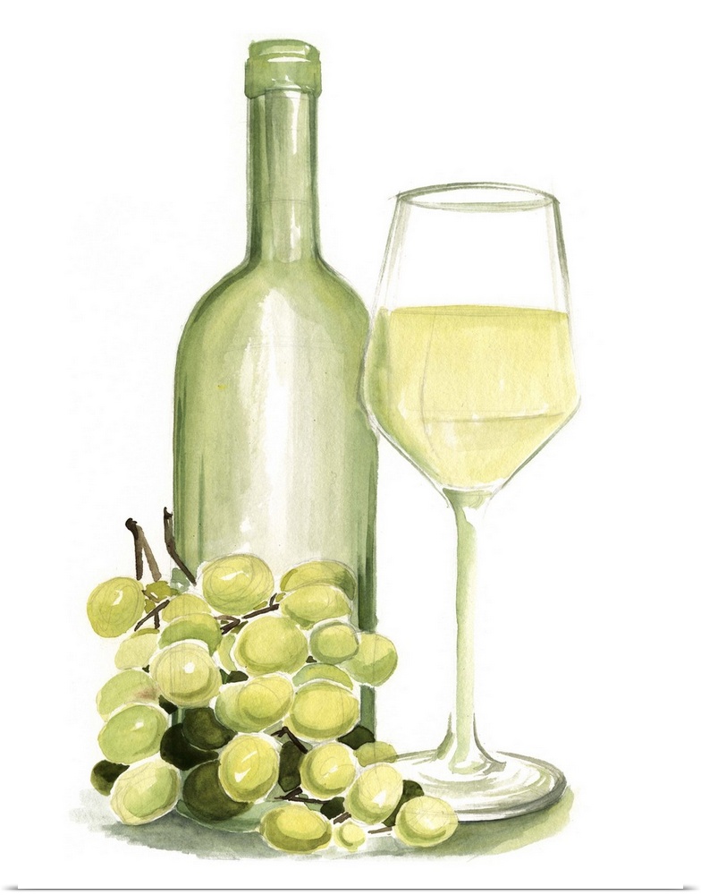 A watercolor painting of a glass of white wine accompanied by grapes and green bottle fills this vertical contemplative ar...