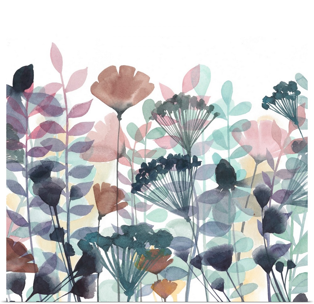 Watercolor painting of a line-up of multi-colored flowers against a white background.