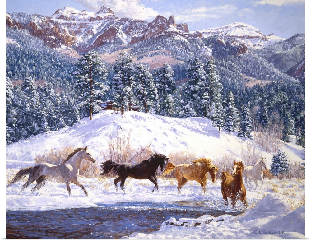 Contemporary colorful painting of a herd of horses running through a winter landscape, with a mountain range in the backgr...