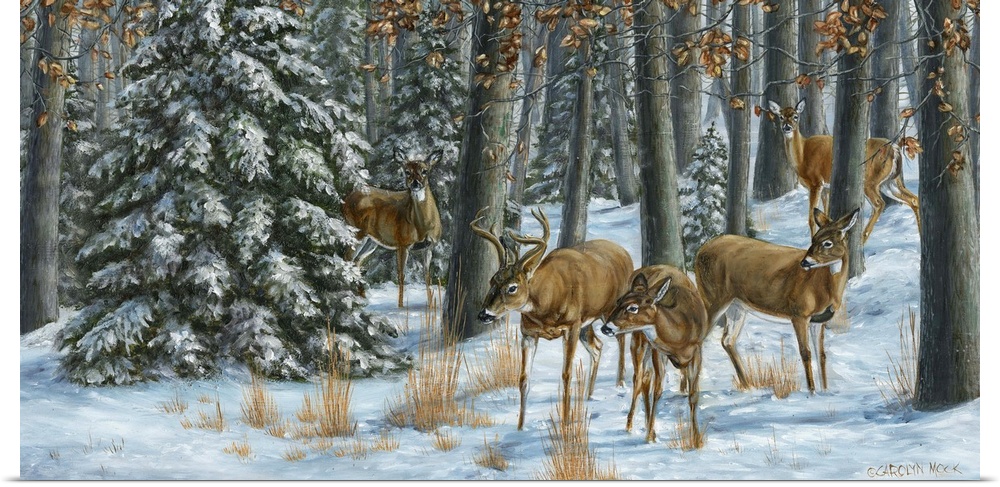 Contemporary painting of deer grazing in a snow covered forest.