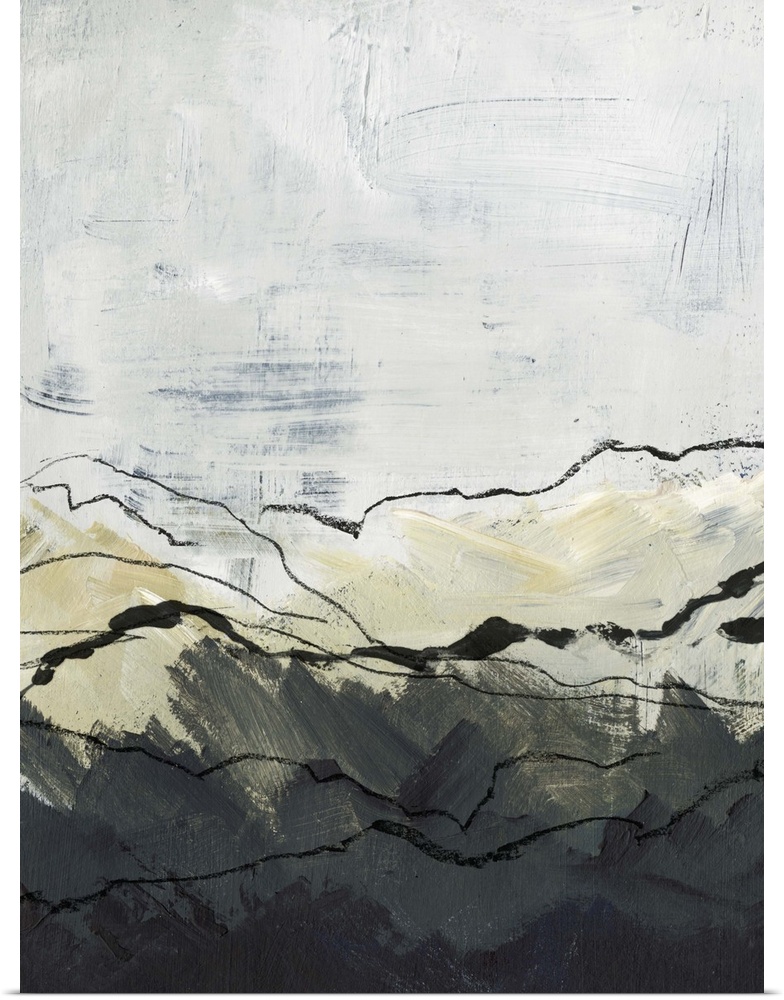 Modern vertical abstract landscape of mountains outlined in thin black lines with a textured gray sky.