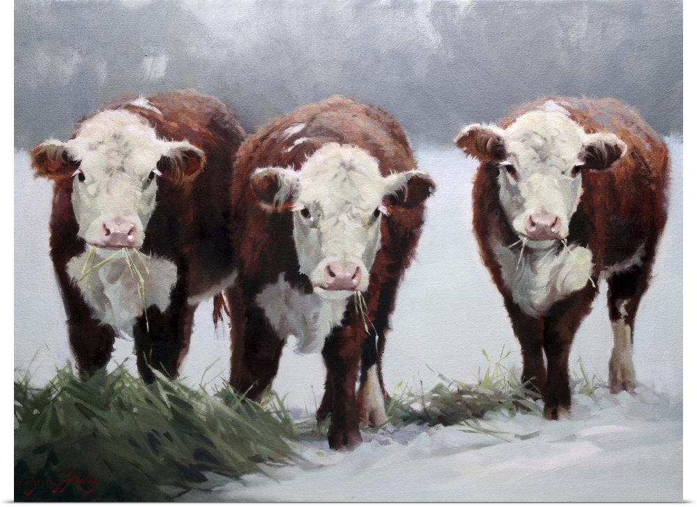 Contemporary artwork of three brown and white cows in the snow.