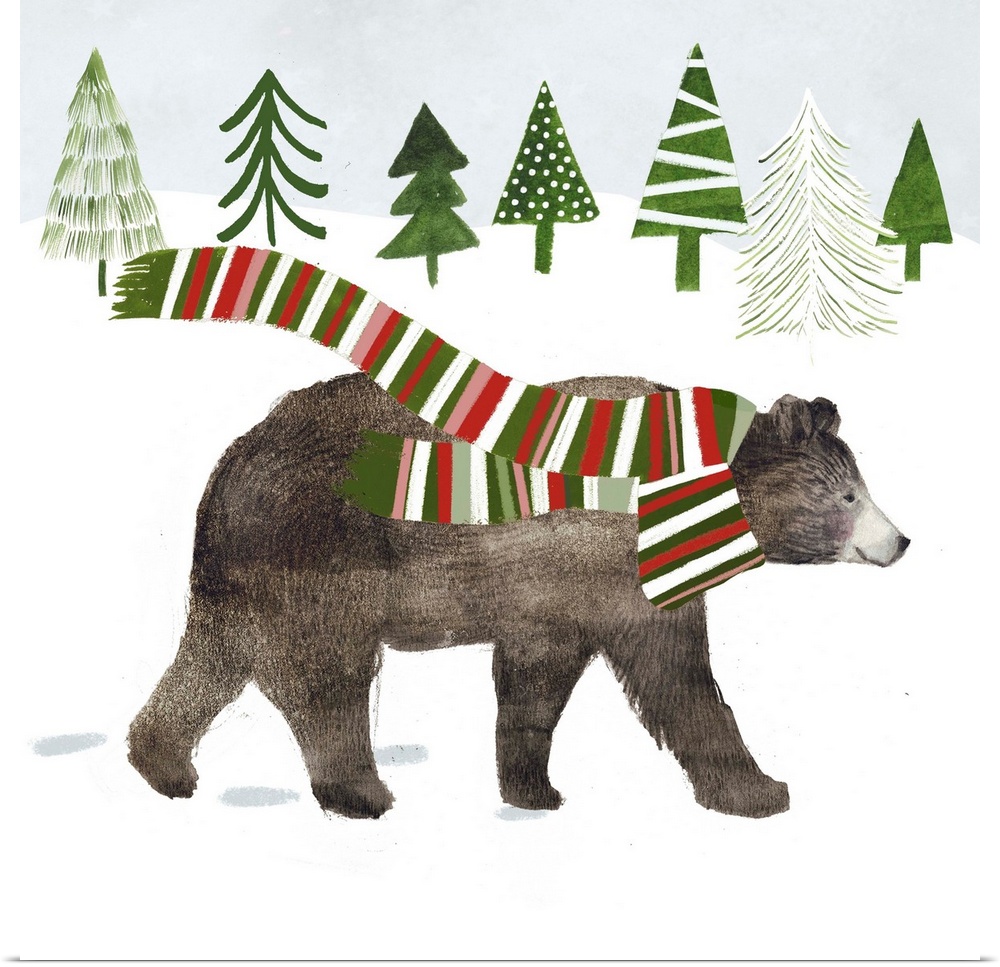 Whimsical woodland decor featuring a bear in a soft snowscape.