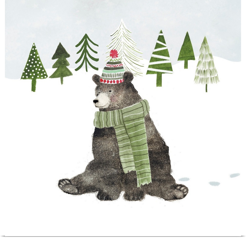 Whimsical woodland decor featuring a bear in a soft snowscape.