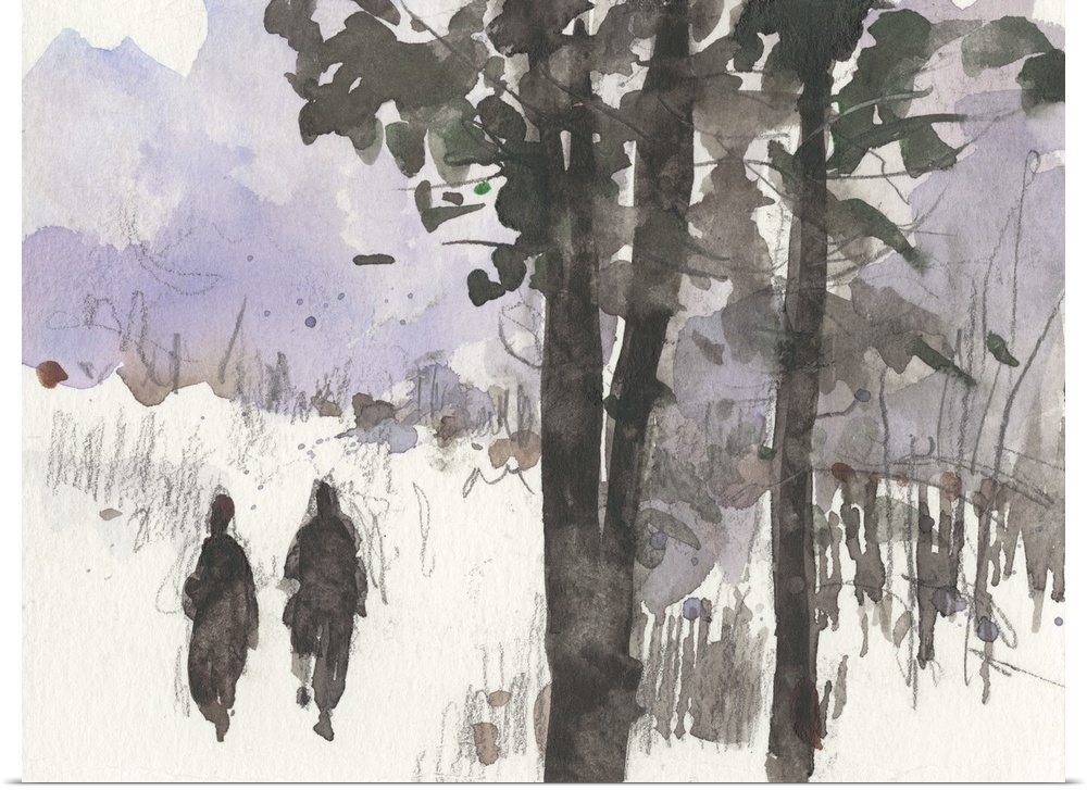 Gestural watercolor painting of trees in the winter with a lavender sky.