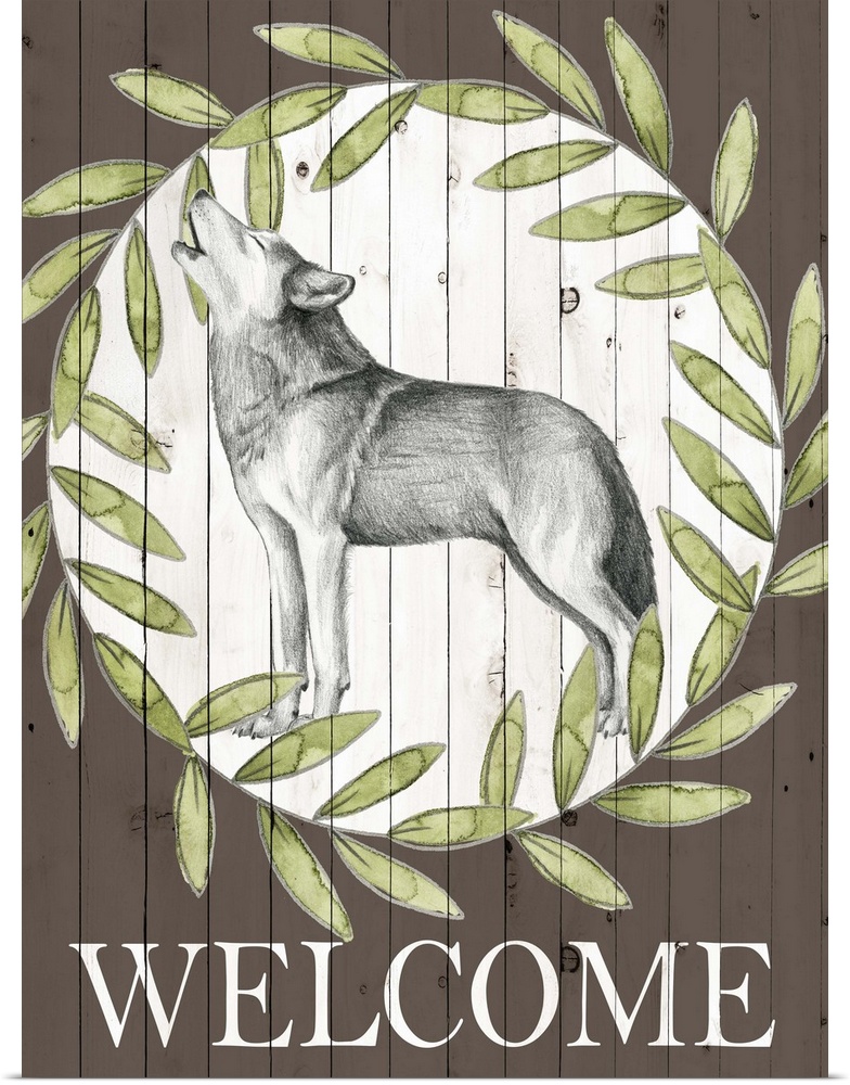 Cabin style artwork on a brown wood paneled background of a sketched wolf inside of a green wreath and "Welcome" written a...
