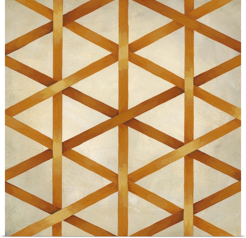 Geometric artwork resembling woven fibers in bright colors.