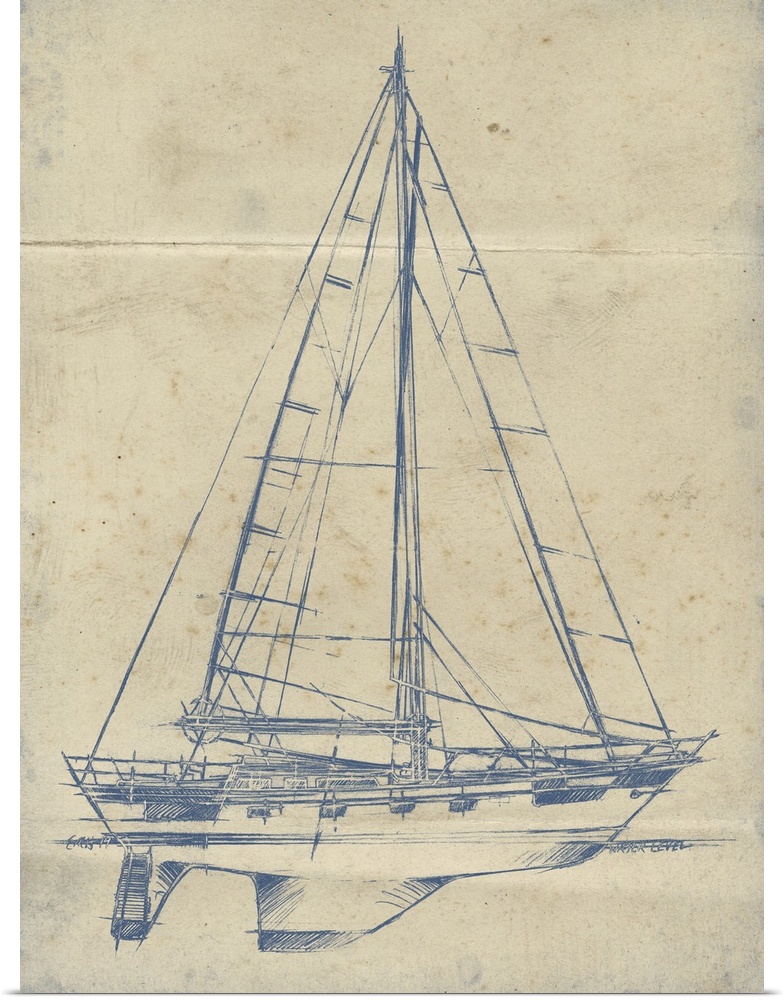 Blueprint style illustration of a yacht with large sails.