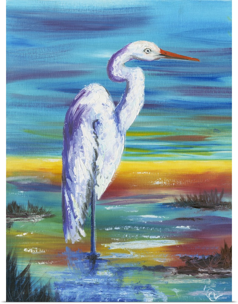 Painting of a white egret standing in shallow water at sunset.