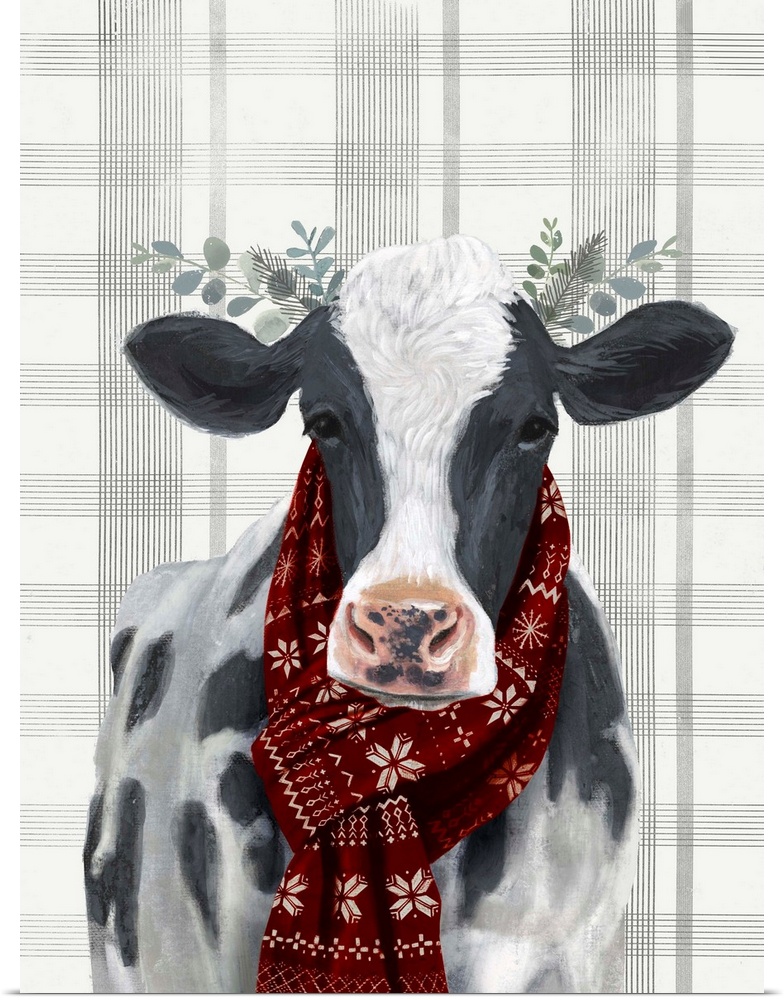 An amusing image of a black and white cow wearing a red scarf and branches behind ears on a gray and cream plaid patterned...
