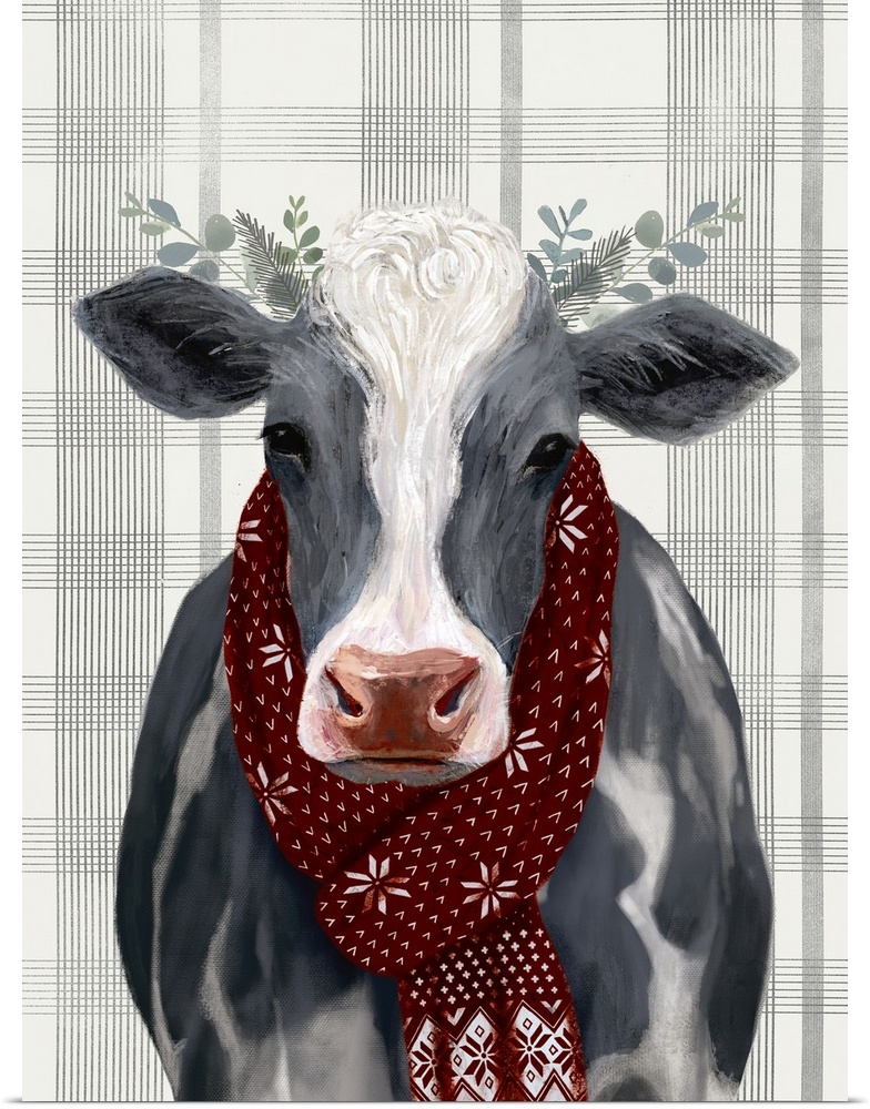 An amusing image of a black and white cow wearing a red scarf and branches behind ears on a gray and cream plaid patterned...