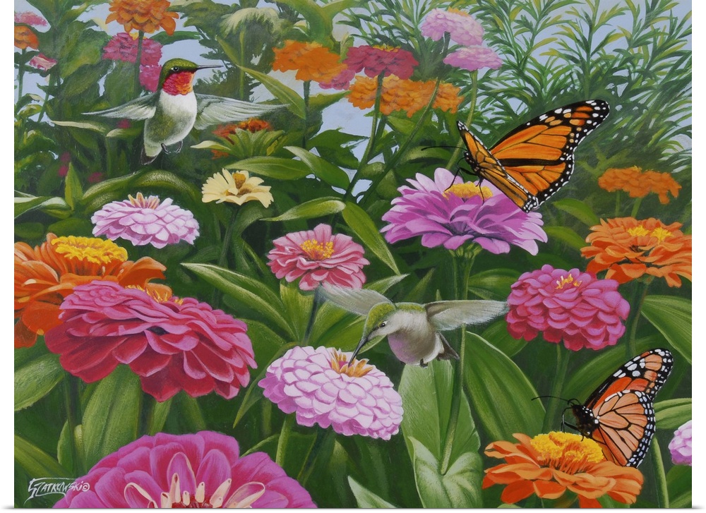 Contemporary painting of a monarch butterfly and a humming bird in a field of zinnia flowers.