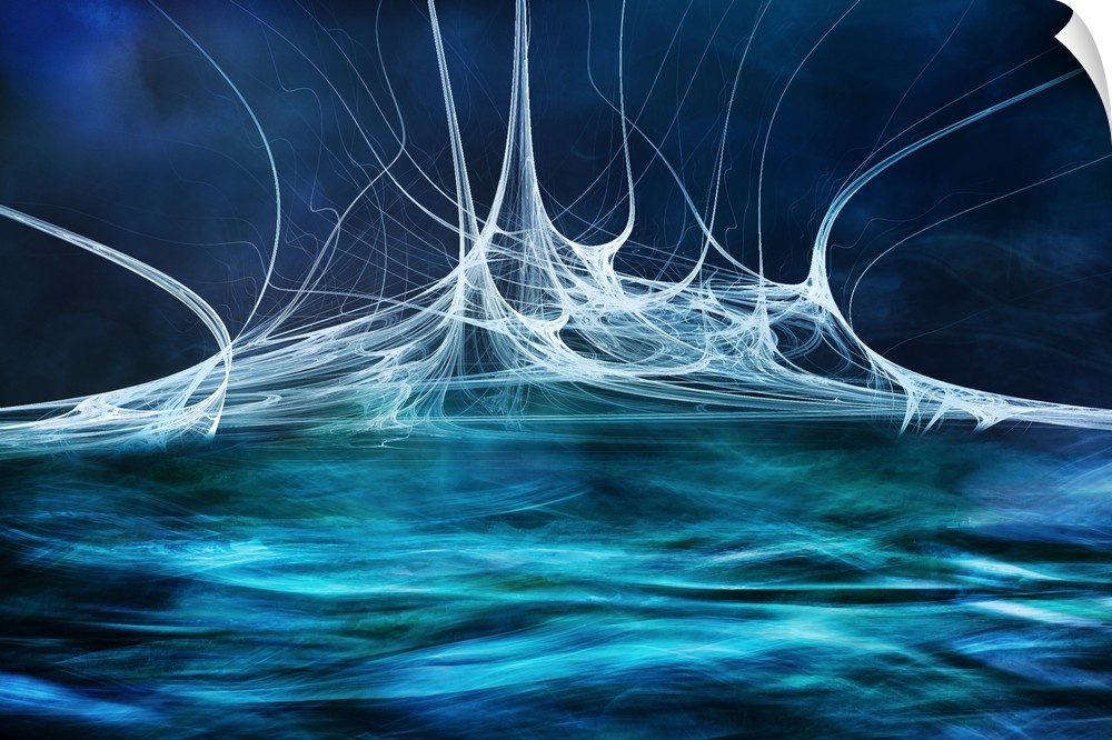 Abstract digital art with blue, green, and white hues resembling water splashing.