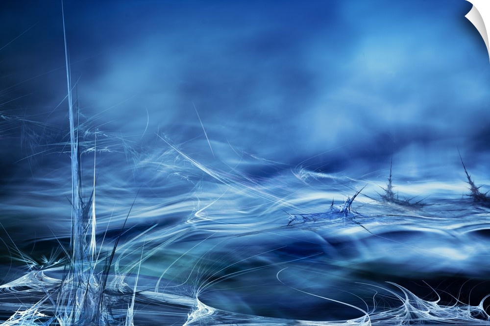 Abstract digital art with blue, black, and white hues resembling moving water.