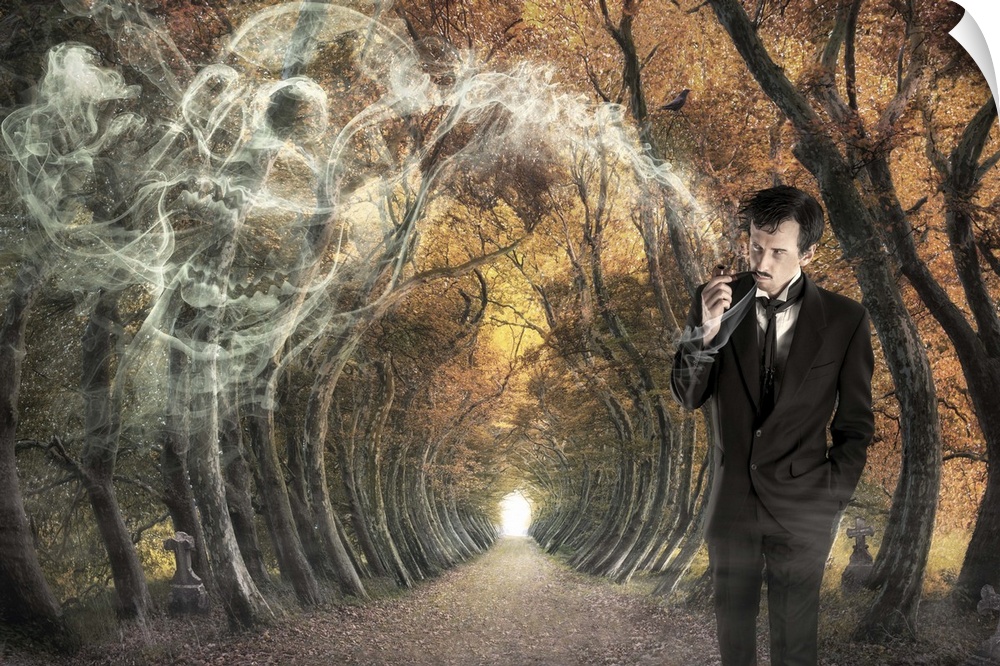 A man smoking a pipe in a forest of curved trees, with a skull forming from the smoke.