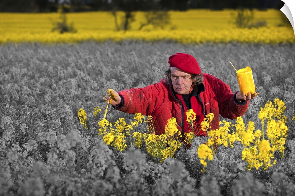 Conceptual image of an artist painting a field of flowers yellow.