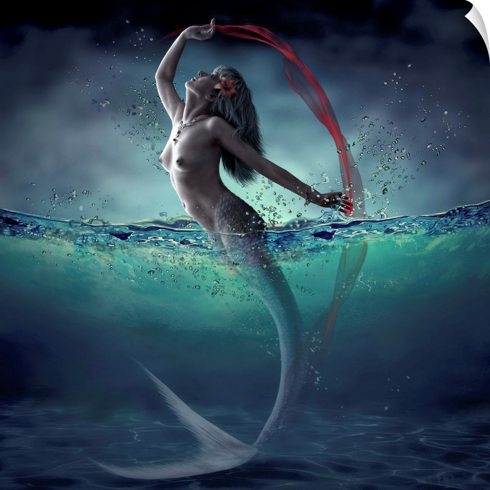 Fantasy image of a mermaid leaping out of the water with a red veil.