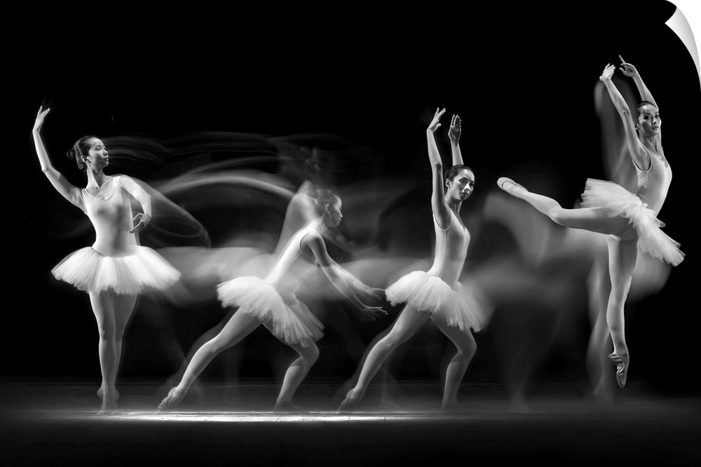 Long exposure photo of a ballerina dancing across the stage, showing four different poses.