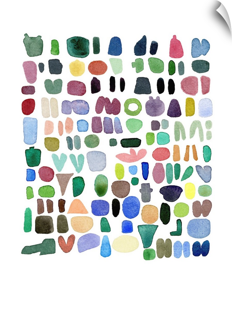 A beautifully simple watercolor abstract of small shapes in complimentary colors on a white background