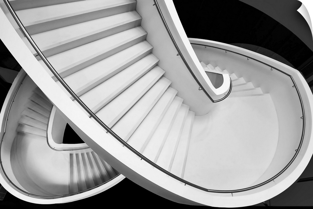 Black and white photo of a staircase in the municipal museum in Den Bosch, Netherlands.
