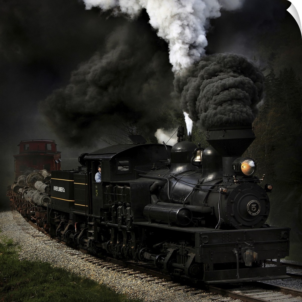 A steam locomotive with billowing smoke coming out of its smokestacks.