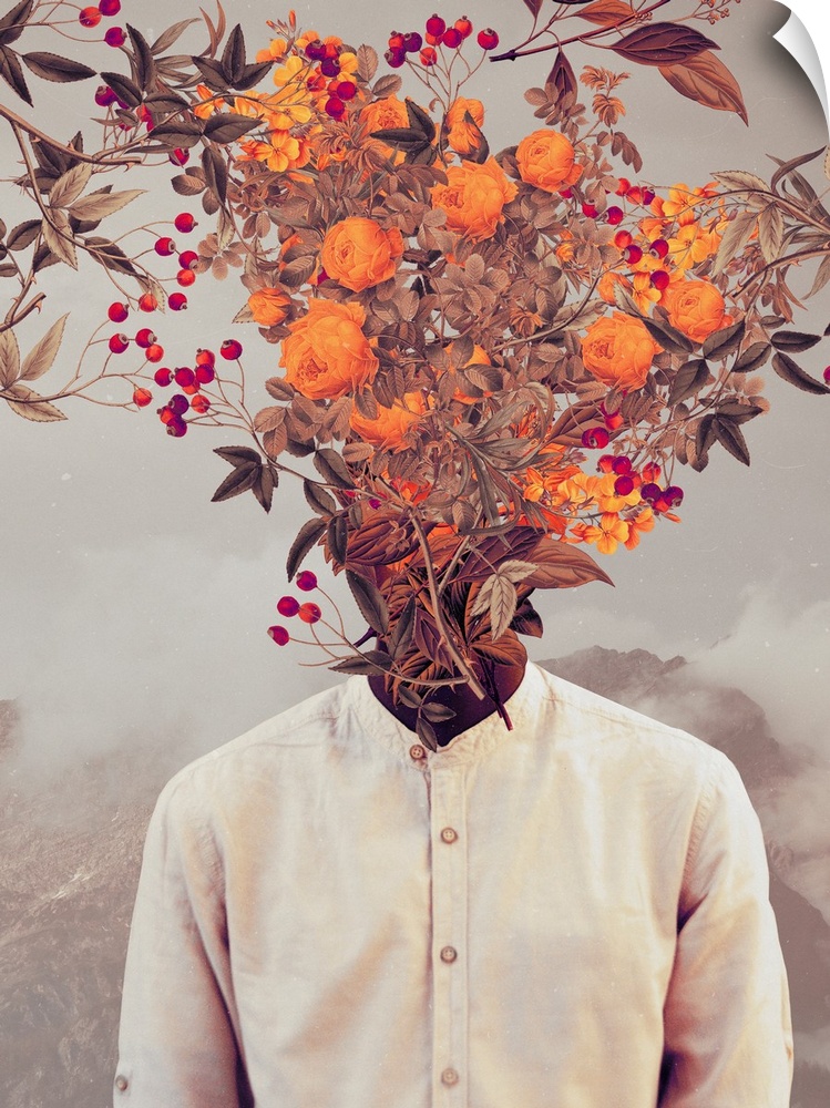 A high impact surrealist collage portrait of a person in a white shirt who's head is completely covered with orange roses ...