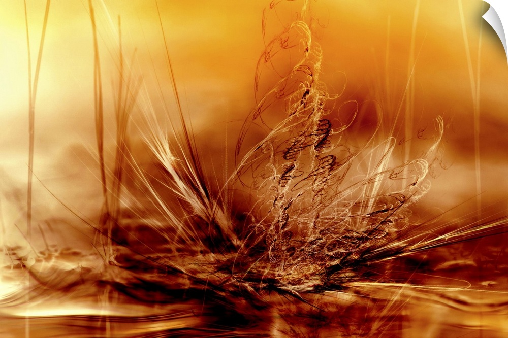 Abstract orange, yellow, and red photograph using water and grass to resemble fire and movement.