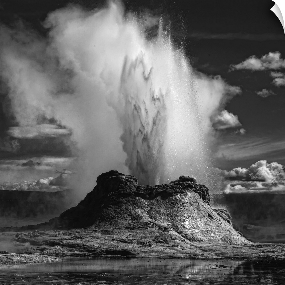 An erupting geyser spewing water and steam into the air, Yellowstone, Wyoming.