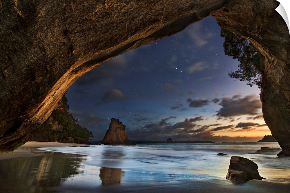 Seascape from a beachside cave at twilight, Hahei Coast, New Zealand.