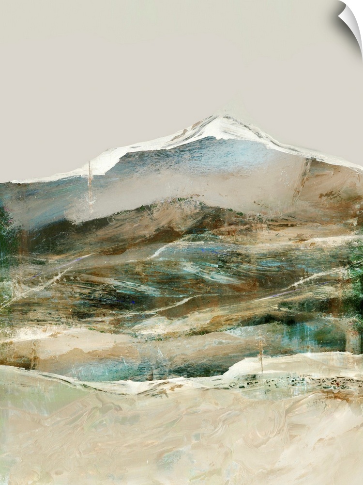 A contemporary abstract landscape of rolling green and blue hills in front of a snow-capped mountain