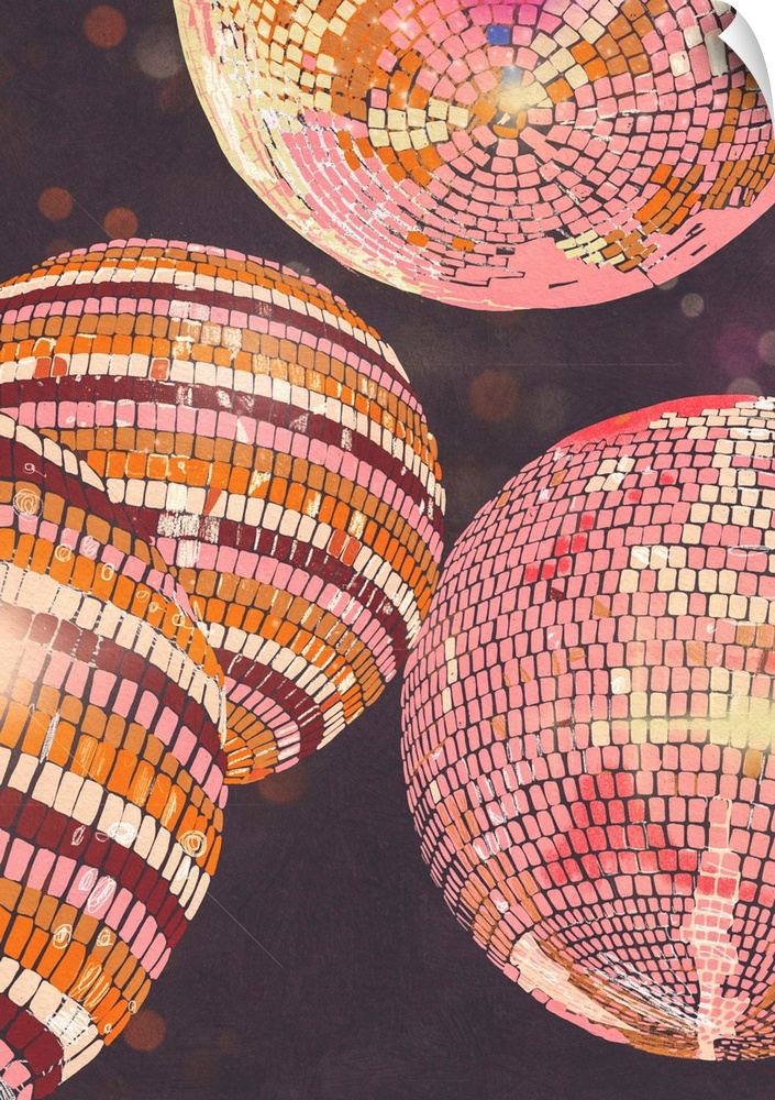 A retro style illustration of four disco balls reflecting light. In contemporary colors of plum, pink and orange this is a...