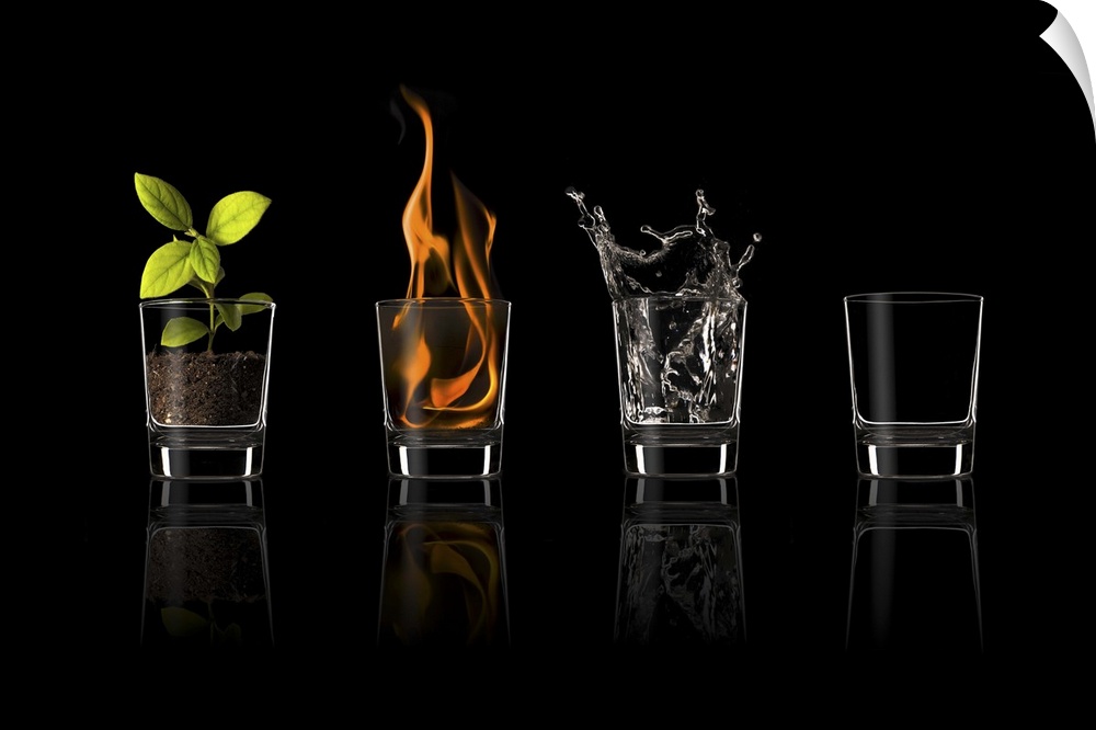 Four glasses holding each of the four elements: earth, fire, water, and air.